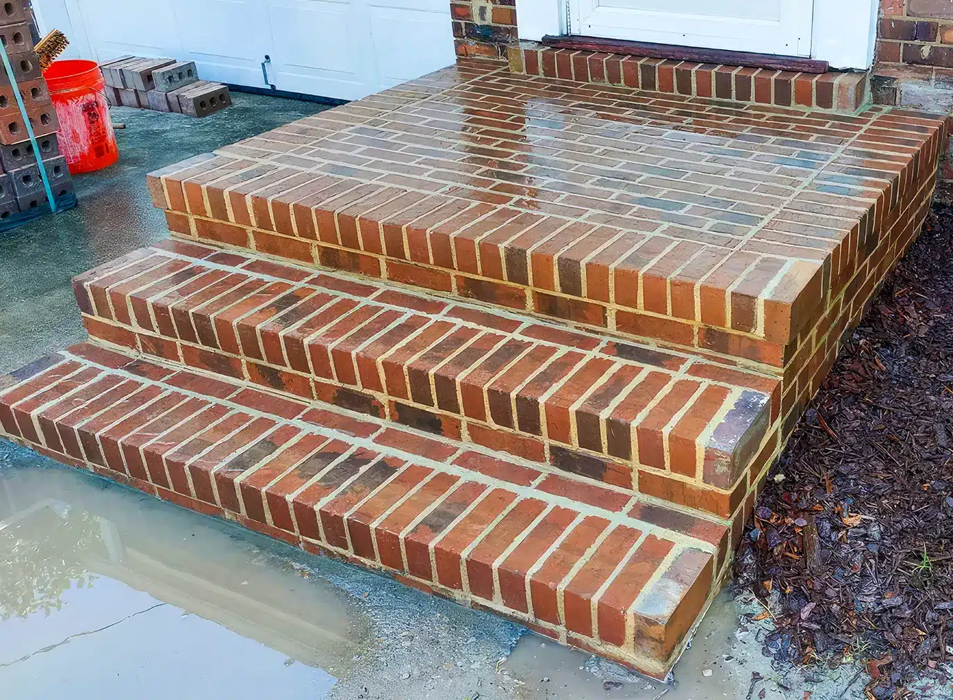 Newly rebuilt red brick front steps with fresh mortar joints